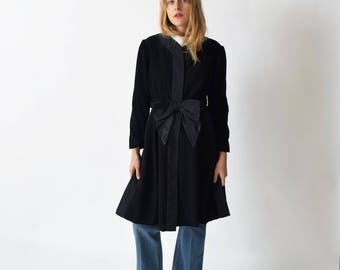 1960s Black Wool Coat Dress with Taffeta Bow Belt 60s Vintage XS S