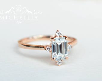 Mid-Century Emerald Cut Ring in Moissanite, Forever One Moissanite Engagement Ring, Available in 14K Gold, 18K Gold, or Platinum, R4007