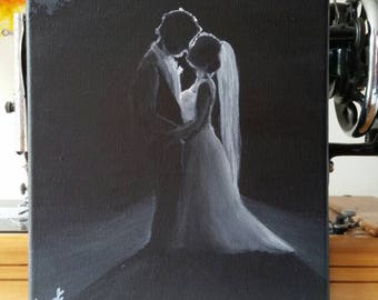 Black and white, Bride and Groom acrylic painting on stretched canvas