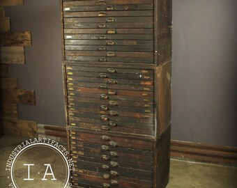 Vintage Industrial 36 Drawer Modular Flat File Typeface Cabinet