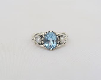 Vintage Sterling Silver Oval Aquamarine & Seed Pearl Ring Size 7
