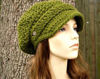 Crochet Hat Green Womens Hat Green Newsboy Hat - Crochet Newsboy Hat in Olive Green Crochet Hat - Green Hat Green Beanie Womens Accessories