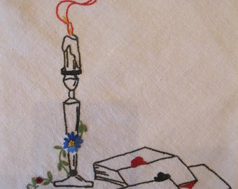 Bridge Card Tablecloth, Embroidered with Playing Cards, Chips, Smoking Candlesticks, bias tapes tie to table legs, ivory muslin, 30.5" sq