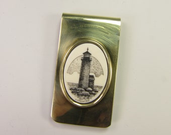 Brass scrimshaw engraved lighthouse money clip