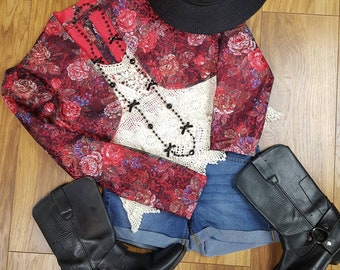 Pretty 80s floral lace cropped jacket.