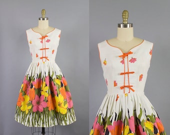 1950s cotton floral dress/ 50s border print sundress/ medium