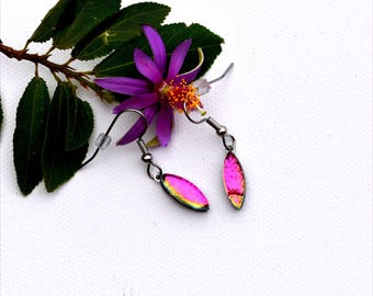 181 Small dichroic fused glass earrings wedge shape in pink