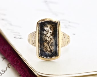 Antique Dendritic Agate Ring, Victorian 14k Large Rectangular Moss Agate Ring, Bohemian Statement Jewelry Rustic Anniversary Gift Love Token