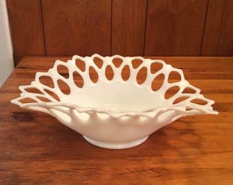 Vintage Westmoreland milk glass Footed banana bowl in the Doric pattern Circa 1960.