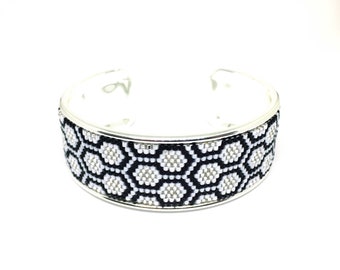Cufflinks Bee Apis black, white and silver beadwoven miyuki mounted on rigid support