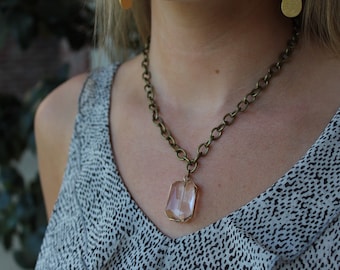 Gold Rimmed Faceted Crystal on Antique Brass Chain