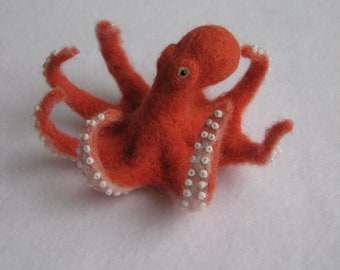 Needle Felted Red Octopus. Miniature Toy