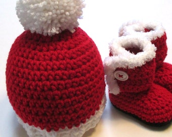 Baby Santa hat and booties set. Made to order Christmas baby hat and booties. Red hat and booties for Christmas baby.