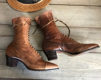 Antique Lace Up Boots, 1900s Edwardian Victorian, Brown Leather High Laced Boots