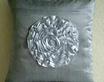 Silver Vintageous - Throw Pillow Covers - 18x18 Inches Silk Pillow Cover with Satin Frill Embroidery