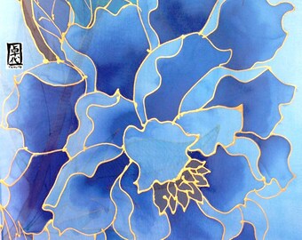 Large Silk Scarf Handpainted, hand dyed Blue Silk Scarf, Japanese Blue Peony Scarf, Chiffon Scarf, Silk Takuyo, 13x69 inches, Made to order