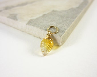 14k Gold Pendant - 14k Gold Charms - Wire Wrapped Jewelry Handmade - November Birthstone Jewelry - Natural Citrine Pendant - Leaf Pendant