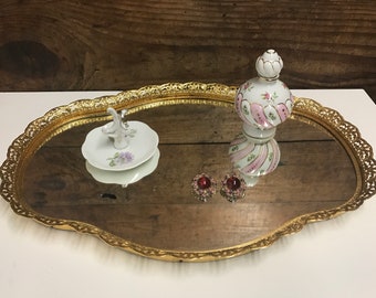 Large Vintage Gold Filigree Mirrored Tray, Vintage Mirrored Vanity Tray, Jewel Tray, Perfume Bottle Tray, Vintage gold Dresser Tray