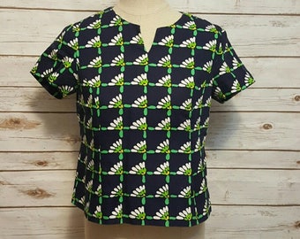 Vintage, 1960's, Structured navy & green petal blouse, Small