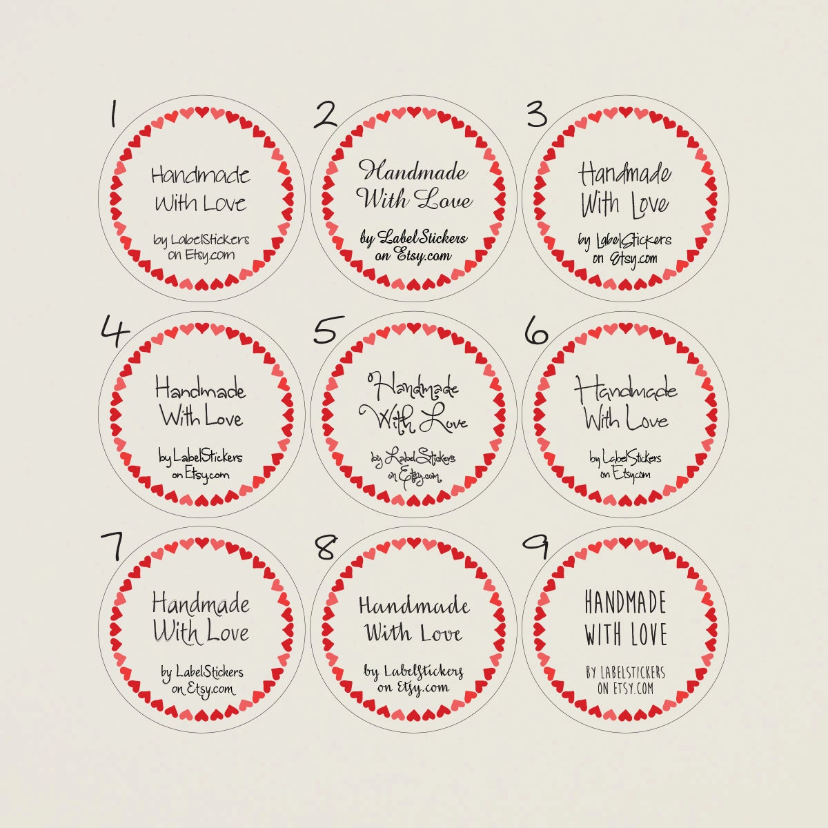 your shop name Handmade With Love label stickers Etsy supplies red