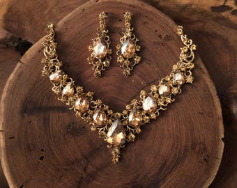 Gold necklace and earrings set, gold rhinestone necklace, gold teardrop necklace, gold evening necklace, gold prom necklace, pageant jewelry
