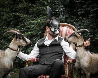 LEATHER MASK RABBIT Creepy Bunny masquerade handsome male animal man metal mask leather like metal long ears masked adault play for business