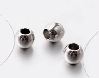 Set of 2 round beads stainless steel, 4 mm, hole 1.5 mm