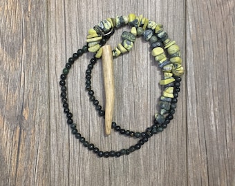 Yellow Turquoise and Green Serpentine Deer Antler Tine Necklace