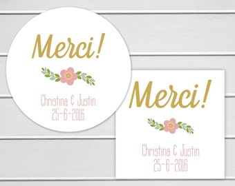 Merci Stickers, Personalized Thank You Wedding Stickers, Merci Labels, Envelope Seals (#269)