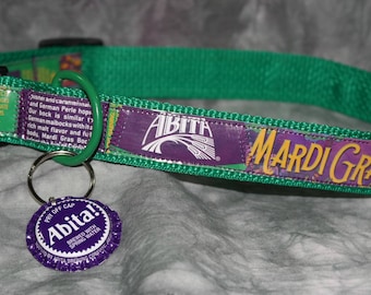 Adjustable Dog Collar from recycled Abita Mardi Gras Bock Beer Labels with "Bling"