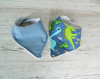 Dino & Striped Dribble Bibs - Hand Made Jersey and Fleece Bandana Bibs - Gift Set