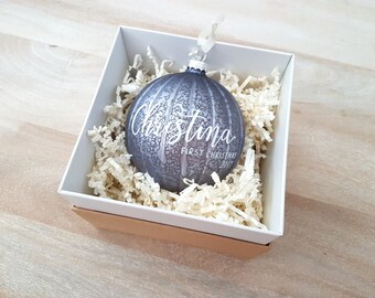 Personalized BABY'S FIRST CHRISTMAS Ornament gift with calligraphy - One (Purple Ornament, Glass)