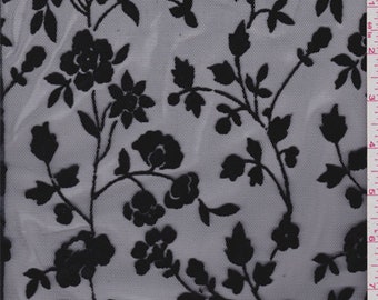 Navy Flocked Floral Mesh, Fabric By The Yard