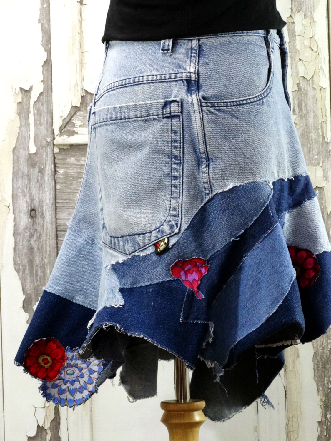 Upcycled Recycled Jean Skirt Upcycled Clothing Wearable Art by