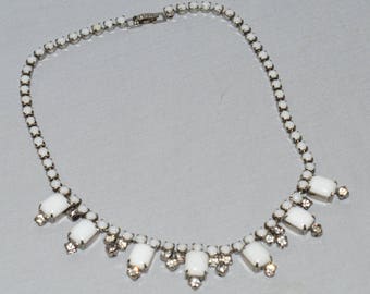 Vintage Necklace - White Milk Glass and Rhinestones, 1950s or 1960s