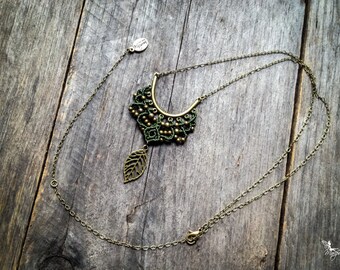 Micro Macrame necklace elven leaf pendant on chain antique brass tone boho macramé jewelry by Creations Mariposa
