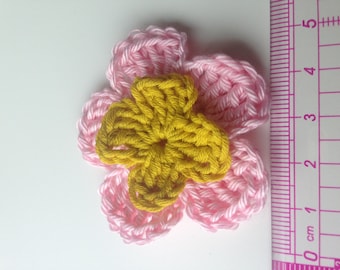 Set of 4 double crochet rose tone flowers and mustard yellow heart