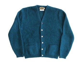 vintage cardigan / grandpa cardigan / mohair cardigan / 1960s blue green fuzzy mohair cardigan Large