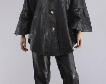 Stylish Leather Cape Jacket - Black