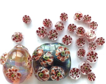 20 red 3D flower murrini chips set / handmade/ lampwork/ 104 COE/ glass / flower