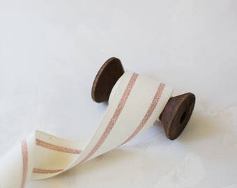 Rose Gold Metallic + Natural French Stripe Cotton Ribbon (with Wooden Spool) - 5 yards - 1.5" wide
