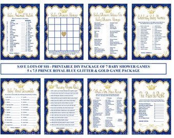 Royal Blue Glitter Prince Baby Shower Game, Royal Blue Gold Baby Game, Printable Prince Baby Game, Crown Baby Game - Printables 4 Less 0152