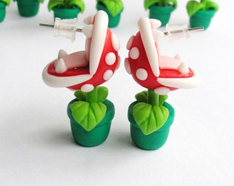 Mario Bros Earrings Stud Piranha Plant Fimo Yoshi Nintendo Red/Green HandMade Polymer Clay 3D Geek Video Game Gift her Woman Hipster Retro