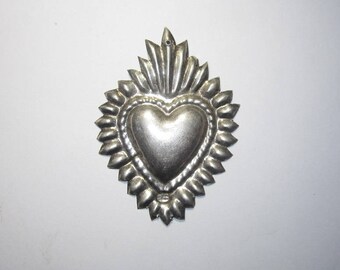 Flaming Sacred Heart Ex Voto Exceptional Sterling Silver Milagro 1920-40 Large Size