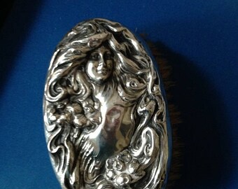Art Nouveau Sterling Silver Art Nouveau Repousse Goddess Floral Vanity Brush