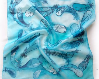 Feathers scarf - Turquoise scarf - blue scarf - hand painted silk scarf - blue feather silk scarf - scarves with feather - square scarf