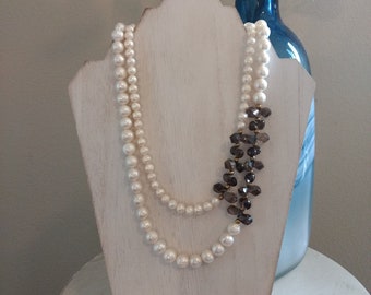 Double Stranded Pearl & Smokey Quartz Necklace
