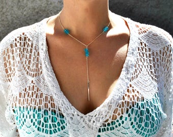 Sea glass necklace Y necklace Layered necklace Sterling Silver Bar drop necklace Beach glass necklace Sea Glass Jewelry Gift for Women