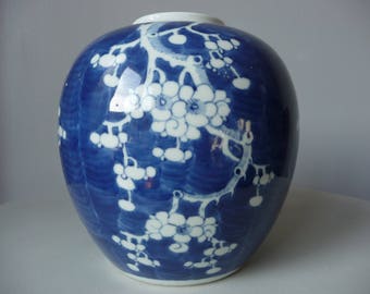 Large Chinese Prunus Plum Blossom Ginger Jar Vase Concentric Double Blue Circle Mark c 1900s