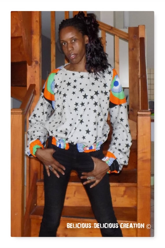 Original Sweat Top! WAXSTAR! Black gray cotton printed stars and size African fabric. 40 belicious-delicious-creation